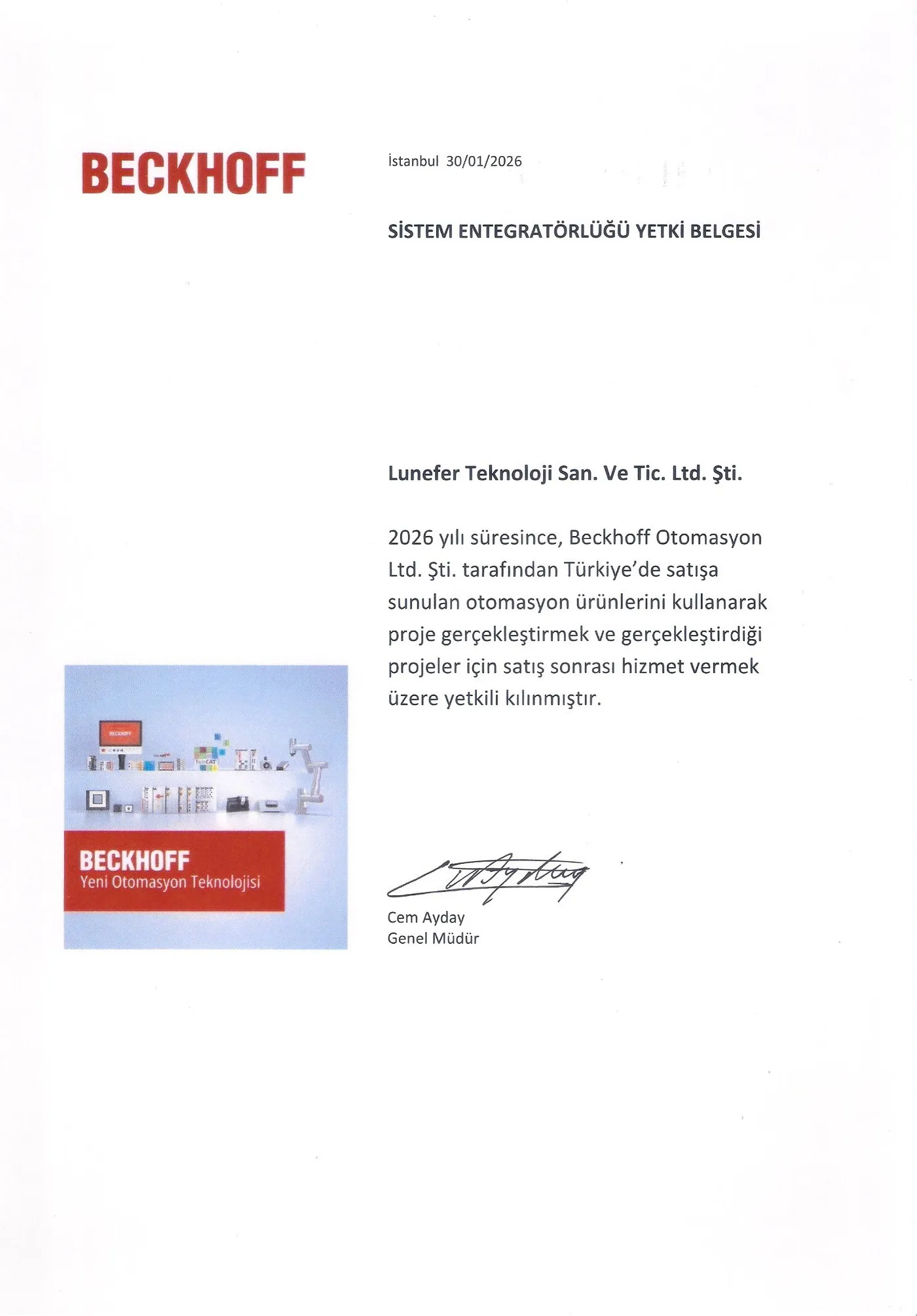Beckhoff Automation system integrator authorisation letter, 2026