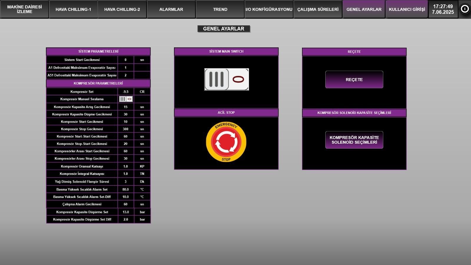 Compressor parameters and general settings screen