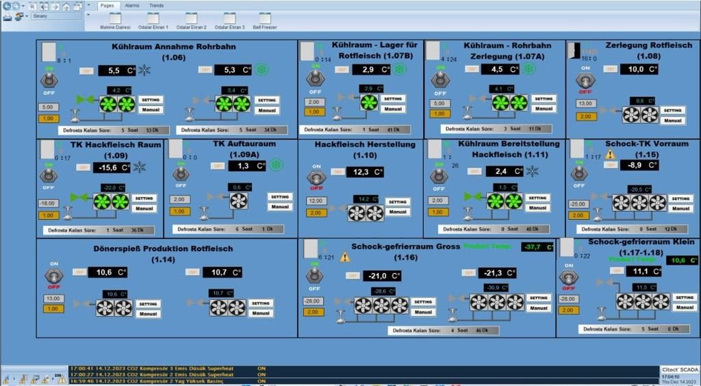 Cold room and blast freezer monitoring screen in German
